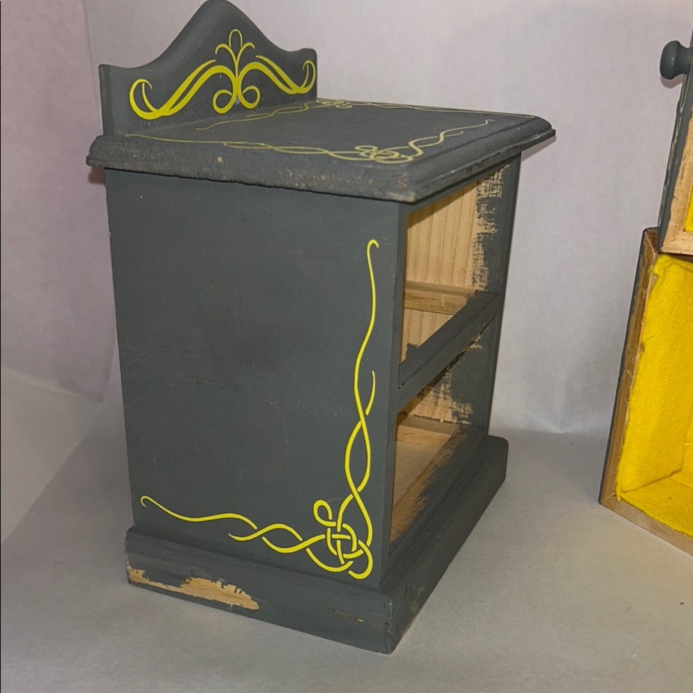 Hand-Made/Painted Gray Jewelry Box/Dollhouse 2 Drawer Dresser w/Neon Yellow Dsgn - Picture 6 of 16